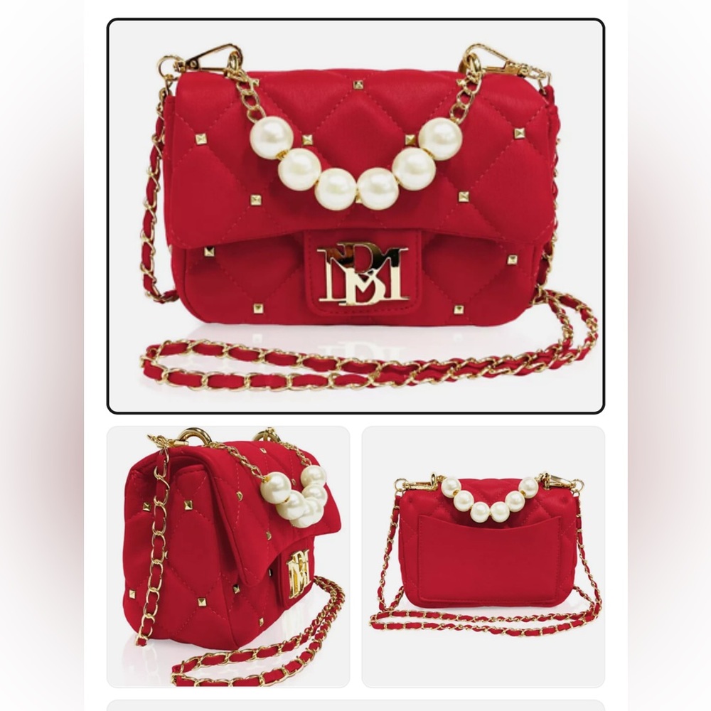 NWT Badgley Mischkam Mini Stud Flap Quilted Chain Crossbody w/Pearl Handle